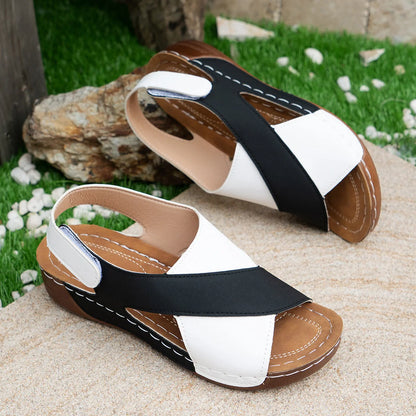 Women's summer wedges sandals with colorblock cross-strap design and thick rubber sole