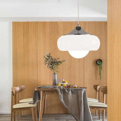 Bauhaus three headed egg tart pendant light with milk white glass shades