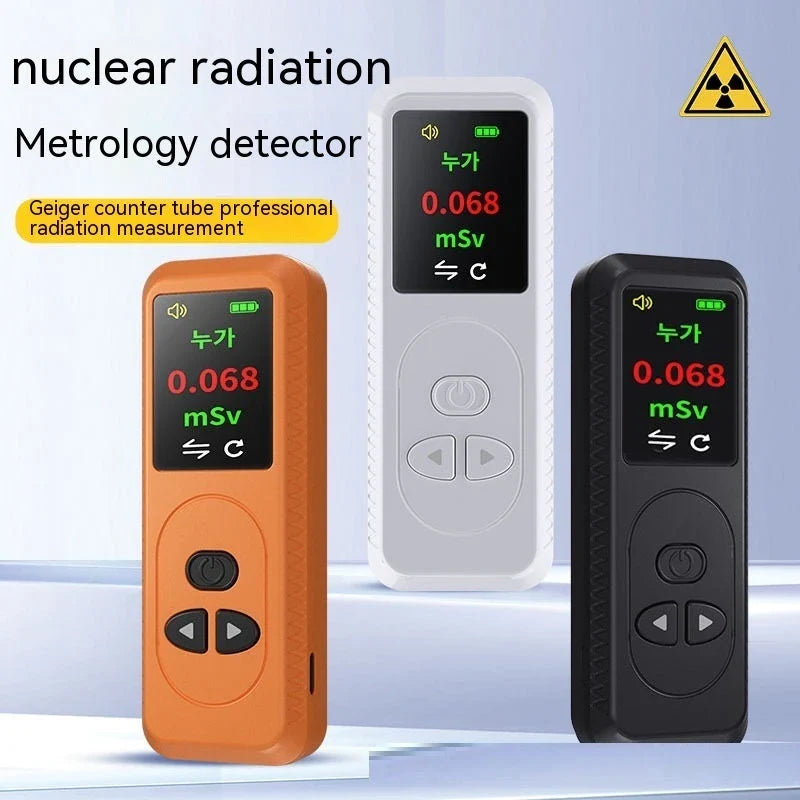 Portable radiation detector with color display, alarm function, and rechargeable battery for monitoring X, gamma, and beta radiation levels