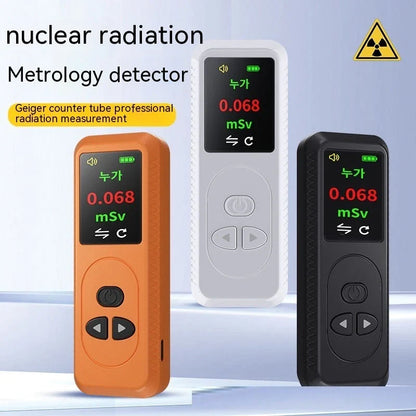 Portable radiation detector with color display, alarm function, and rechargeable battery for monitoring X, gamma, and beta radiation levels