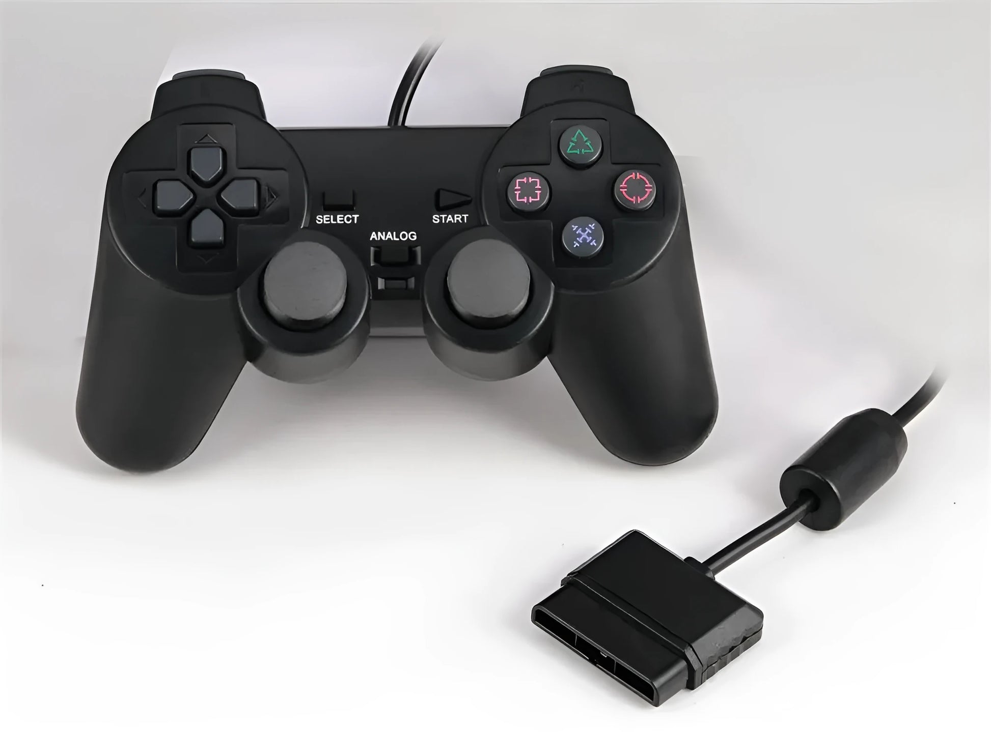PS2 wired vibration game controller in metallic finish with USB connection cable