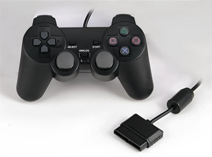 PS2 wired vibration game controller in metallic finish with USB connection cable