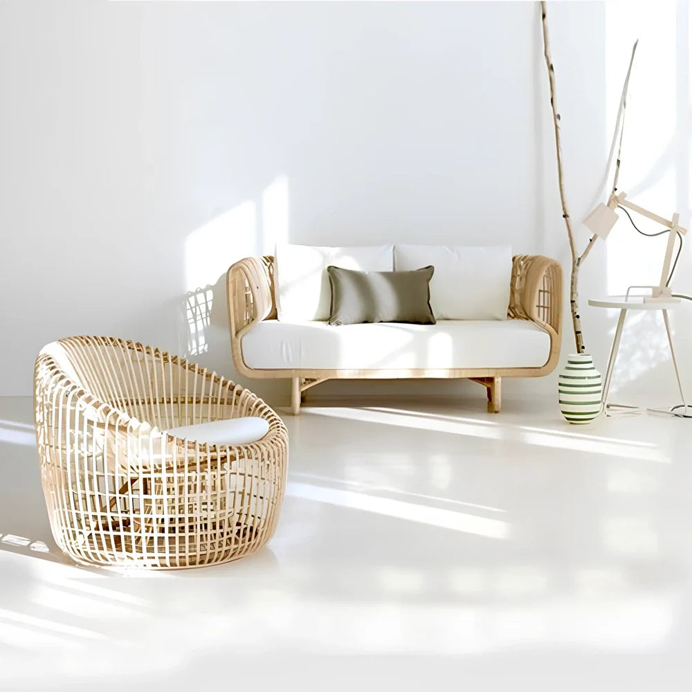 Outdoor woven rattan furniture set with sponge cushions showing chair, sofa, and tea table configuration options