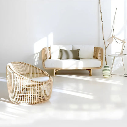 Outdoor woven rattan furniture set with sponge cushions showing chair, sofa, and tea table configuration options