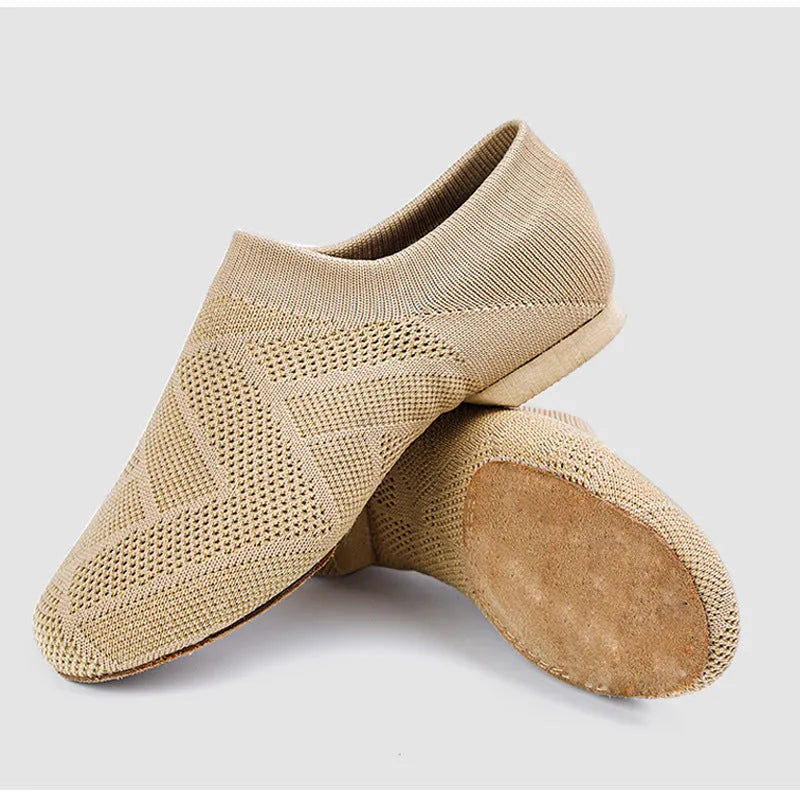 Camel coloured contemporary dance shoes with cotton mesh upper and leather sole for latin dance