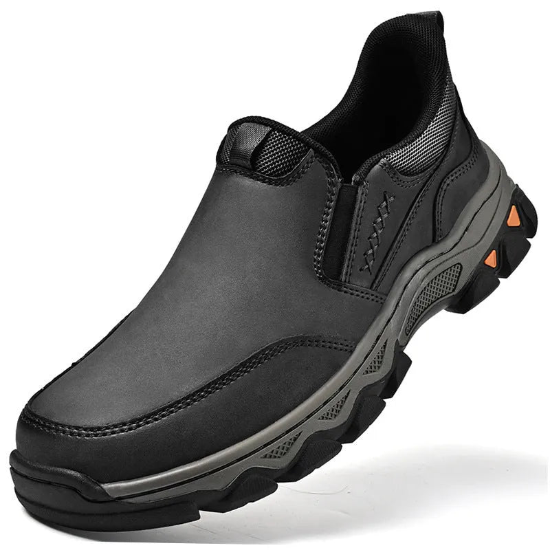 Men's casual leather-style shoes with rubber soles in dark brown, black, or grey colours