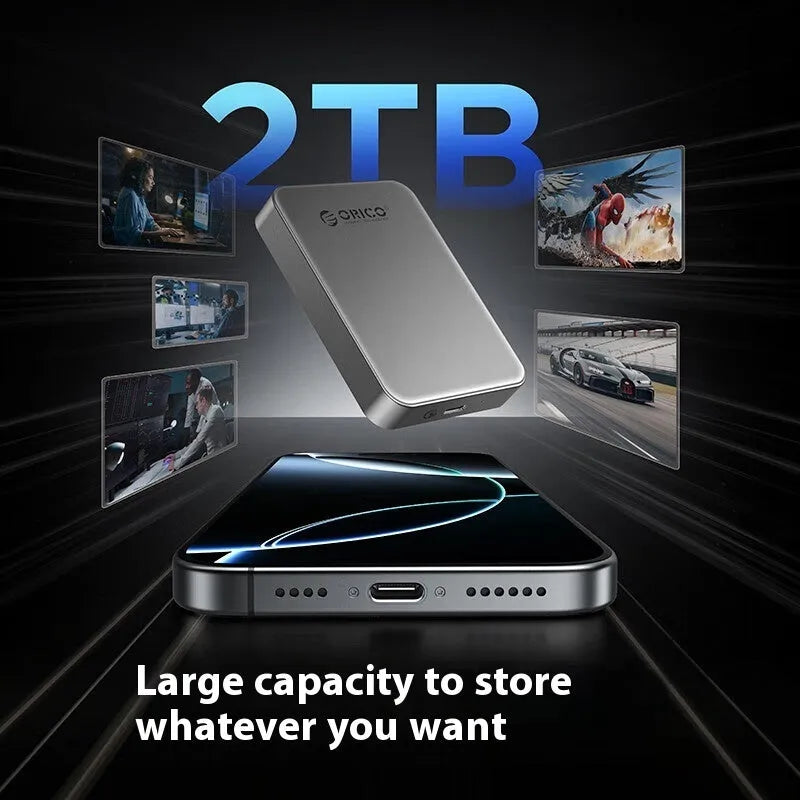 Grey magnetic mobile solid state drive with ultra-thin design and magnetic suction ring for phones and computers