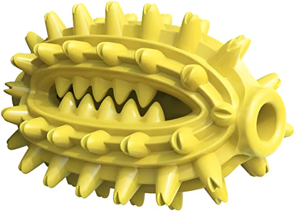 Green cactus-shaped dog toothbrush toy for dental cleaning, with bumps and central channel, on white background