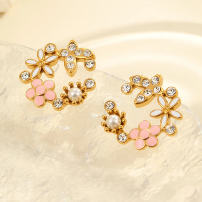 Stainless steel flower stud earrings with 18K gold electroplating and colourful diamond oil pendant