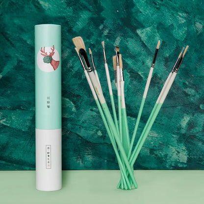 Acrylic gouache painting kit with fan-shaped brushes, a wide bristle brush, and nylon paint tube.