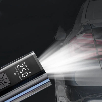 Portable wireless digital car tyre pump with dual display showing pressure readings