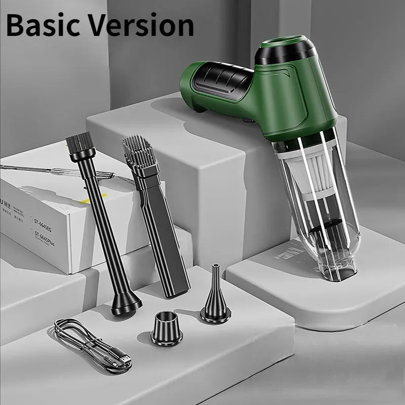 Brushless handheld and vertical car vacuum cleaner with 12000Pa suction, shown with optional EVA storage bag.