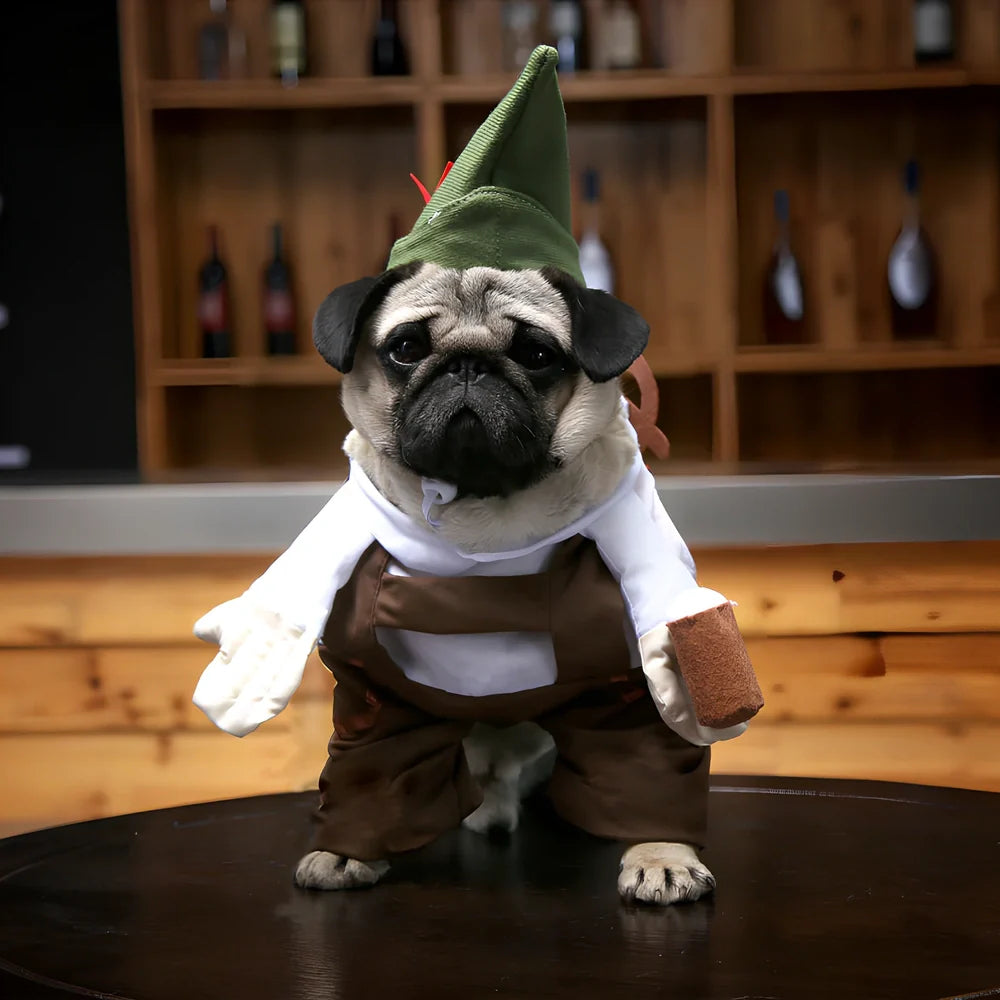 Polyester cat costume in character design with size label showing bust and neck measurements