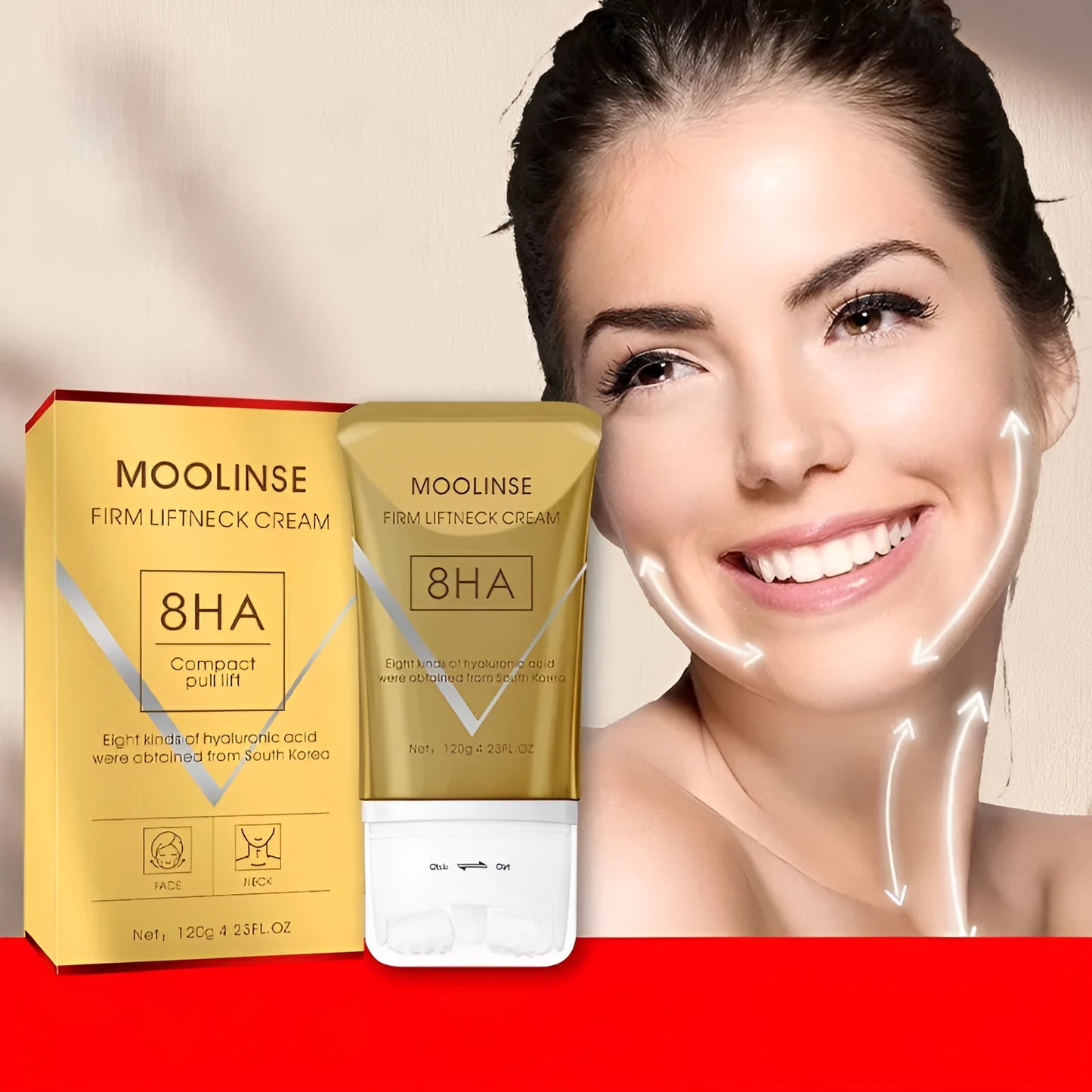 Neck moisturising cream tube with a massage roller applicator for dry skin care.