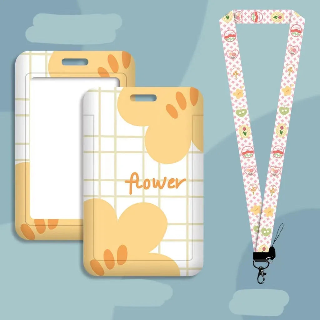 Student ID card set with plastic sleeve and neck strap in cartoon designs