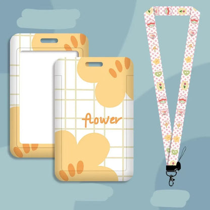 Student ID card set with plastic sleeve and neck strap in cartoon designs