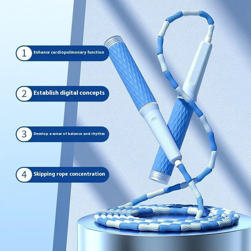 Children's bamboo bead skipping rope in blue colour showing soft beads and 2.8 metre length