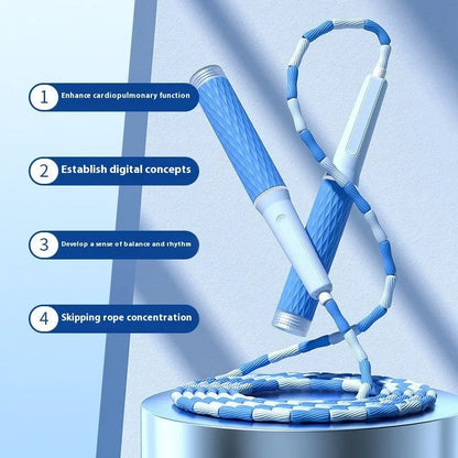 Children's bamboo bead skipping rope in blue colour showing soft beads and 2.8 metre length