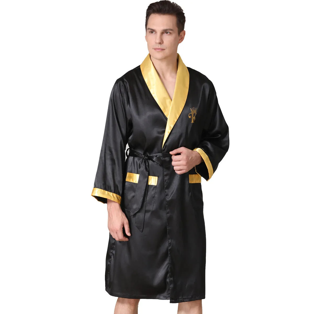 Men's silk bathrobe in summer colours including black with yellow collar and red crane design