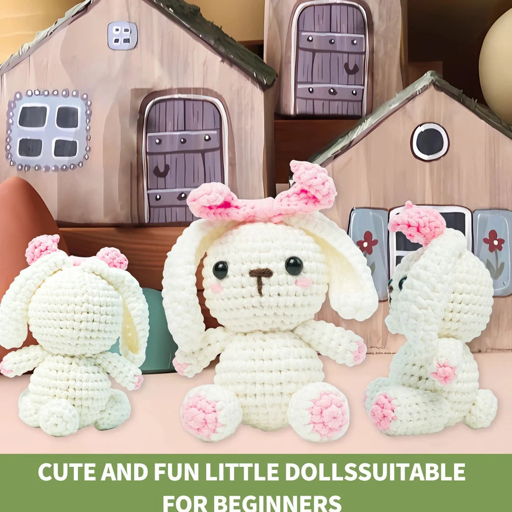 Lop eared rabbit wool DIY crochet doll kit with complete 1-piece wool suit for 15cm tall rabbit creation