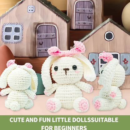 Lop eared rabbit wool DIY crochet doll kit with complete 1-piece wool suit for 15cm tall rabbit creation