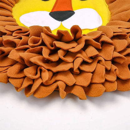 Brown lion-shaped sniffing pad measuring 33x25cm with 10cm depth for hiding pet treats