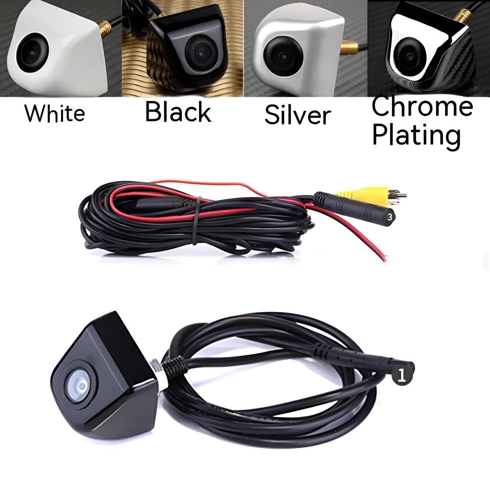 Black screw-mount HD waterproof rearview camera for cars with night vision, shown with connection cable.