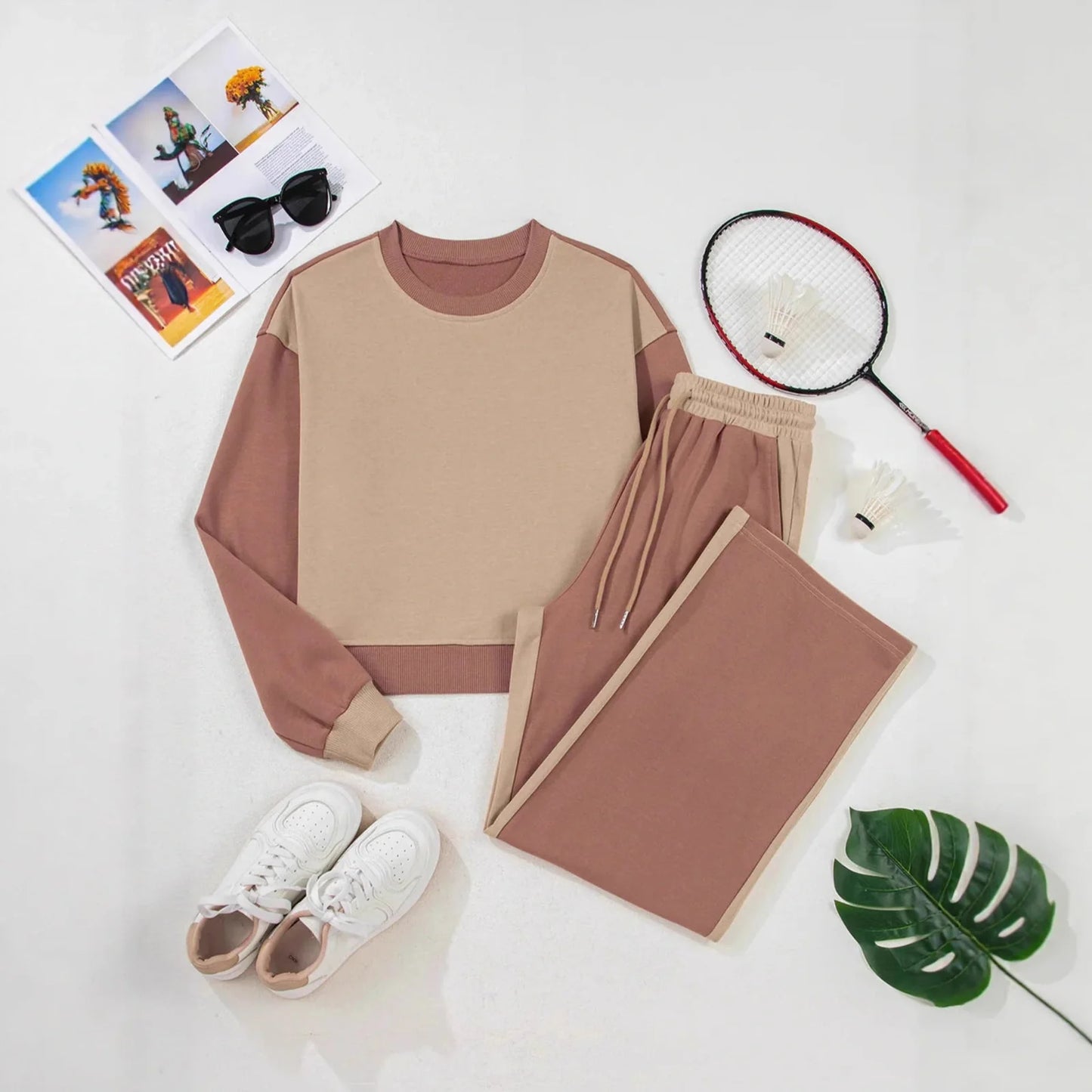 Women's camel-coloured cotton matching sports leisure suit with top and trousers