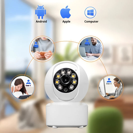 Indoor 1080p HD home surveillance camera with ceiling mount bracket on a white background.