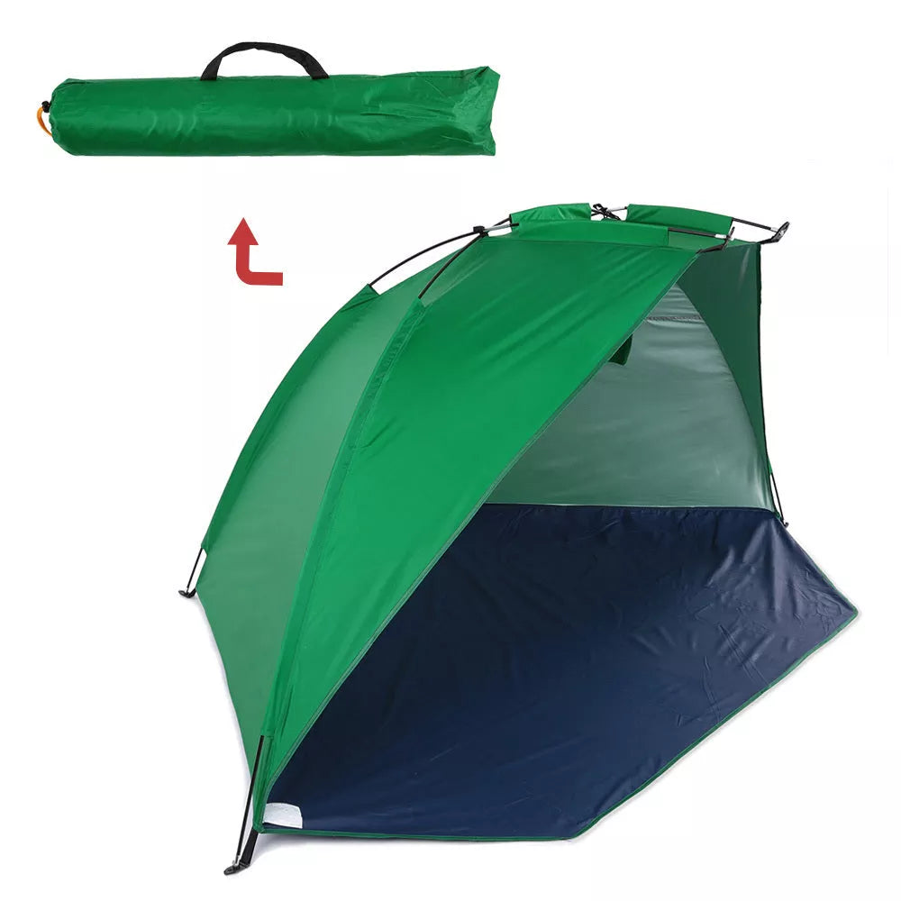 Green outdoor beach shade tent with fiberglass poles, dimensions 220X120X120CM