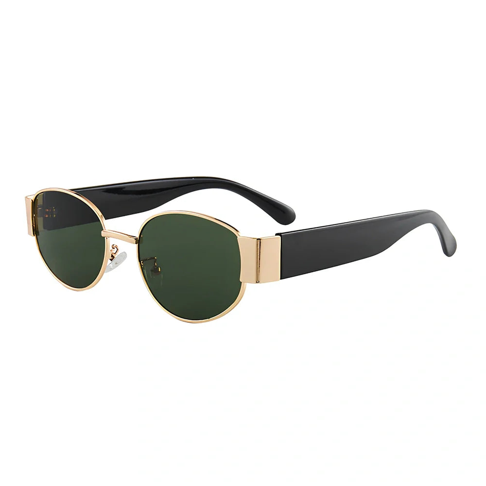 Small round sunglasses with gold frame and grey lenses, 50mm diameter with metal-reinforced construction