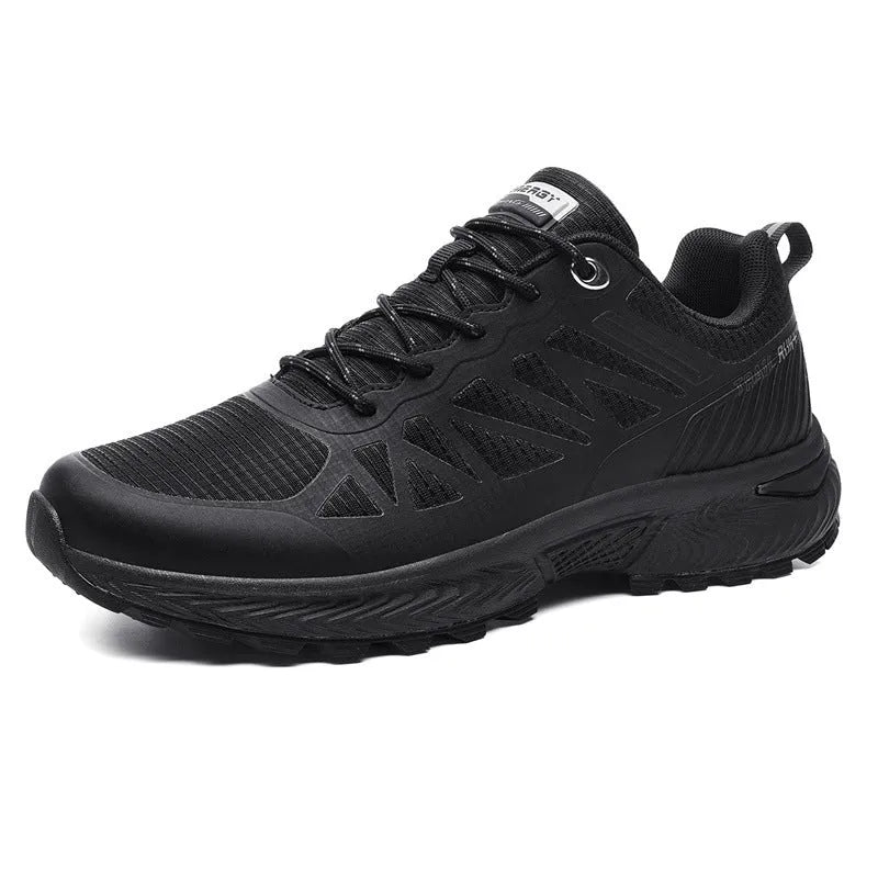 Men's black outdoor running shoes with mesh upper, PHYLON midsole, and rubber MD TPU sole showing round toe shape and lace-up front