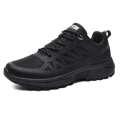 Men's black outdoor running shoes with mesh upper, PHYLON midsole, and rubber MD TPU sole showing round toe shape and lace-up front
