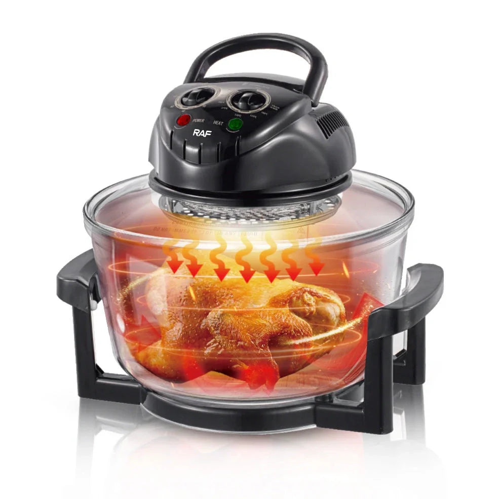 Black home air fryer with touch controls and visual window for monitoring cooking progress