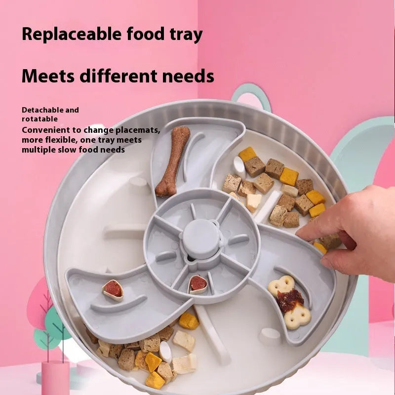 Pet food basin with rotating game board and textured silicone pad in multiple colour options including beige, blue, gray, green, and red