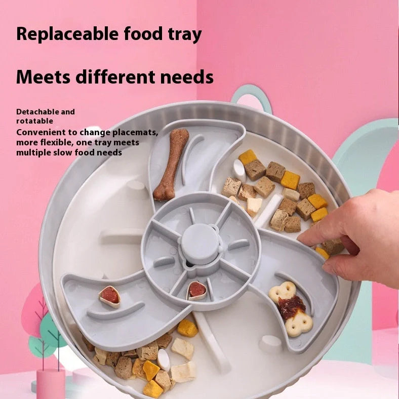 Grey rotating pet food basin with silicone pad showing beard pattern design for slow feeding