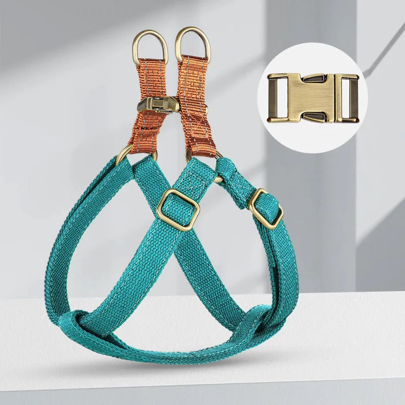 Brown vest-style dog leash with chest harness and alloy fastener on a dog.