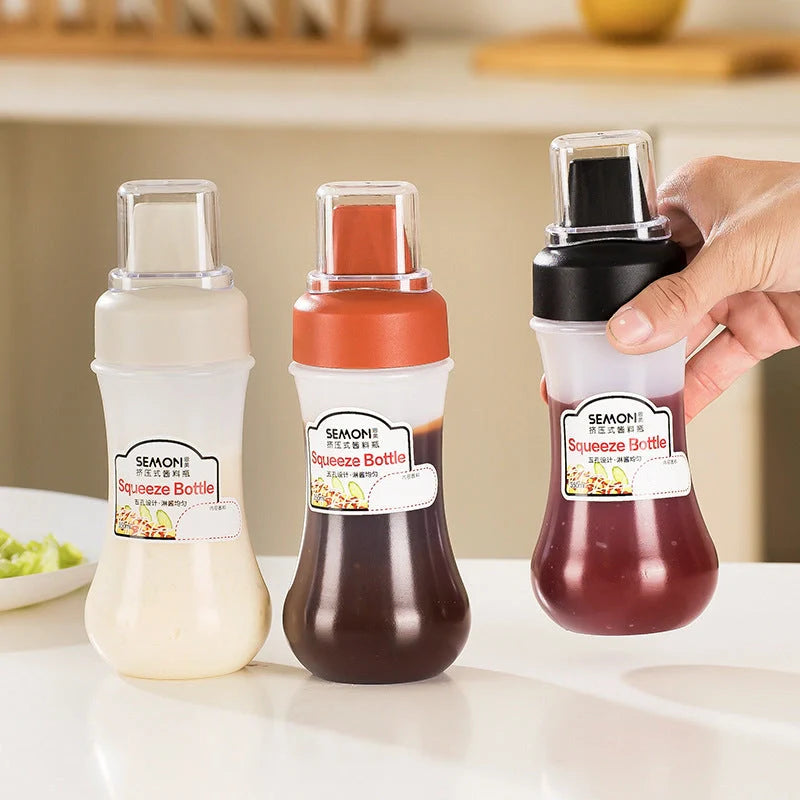 Five-hole Scale Squeezing Sauce Bottle with Lid in elegant black, grey, and Finnish red