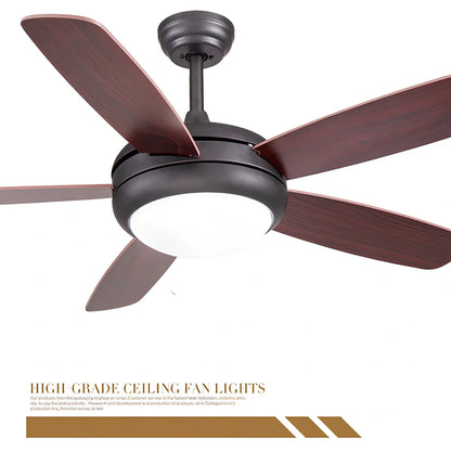 Wood blade ceiling fan with glass lampshade in black finish, 46cm diameter