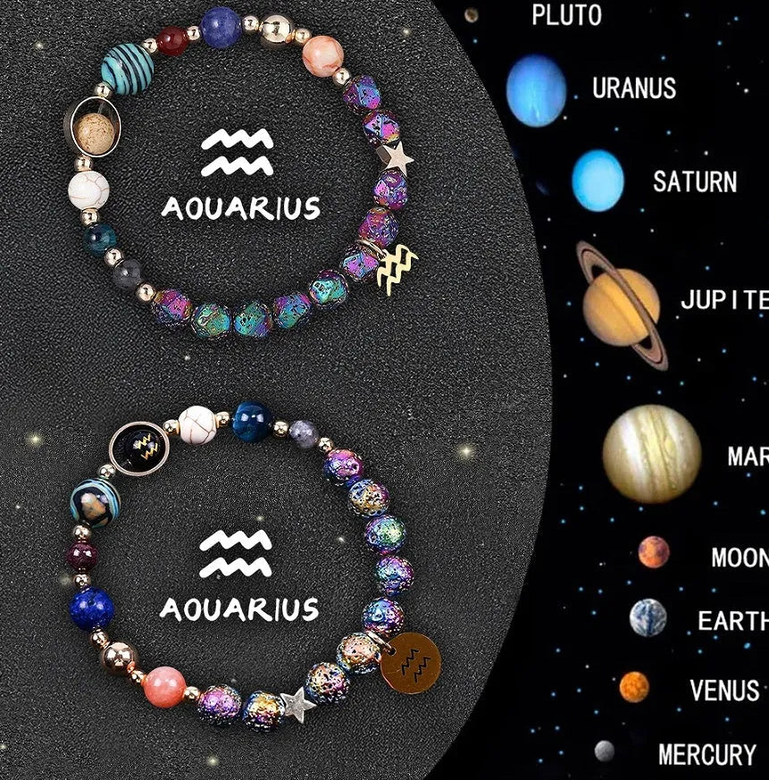 Adjustable natural stone zodiac beaded bracelet showing twelve different sign styles with 8mm beads