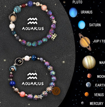 Adjustable natural stone zodiac beaded bracelet showing twelve different sign styles with 8mm beads