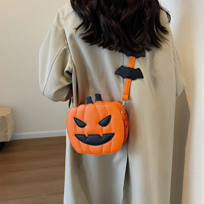 Stylish Halloween crossbody bag with pumpkin cartoon and bat design, available in multiple vibrant colors