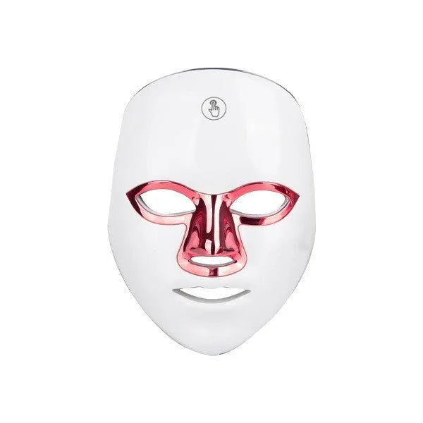 White golden edge LED beauty mask with manual touch controls and fixing strap for facial treatments