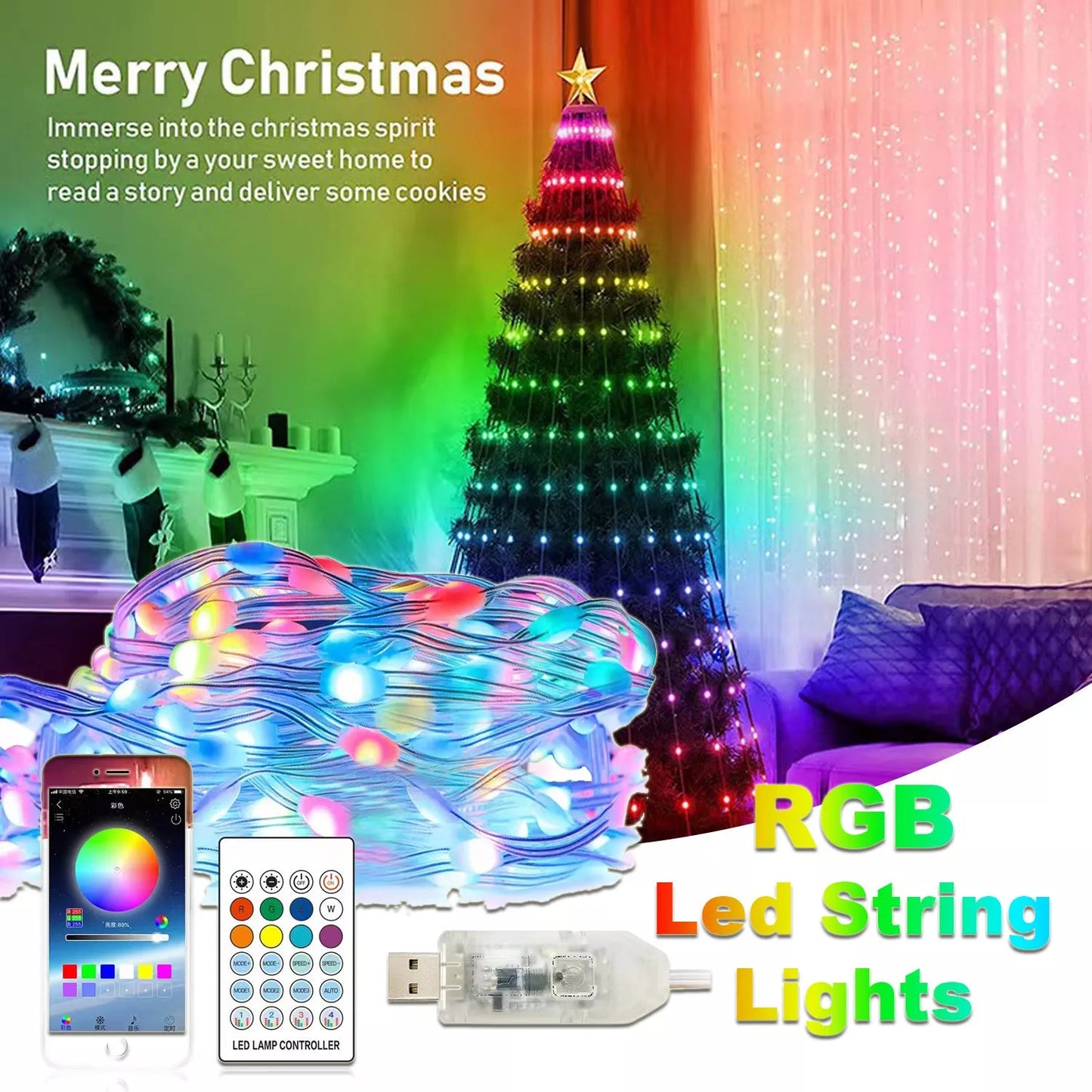 App-controlled Christmas light string with flexible copper wire for customizable holiday decorations