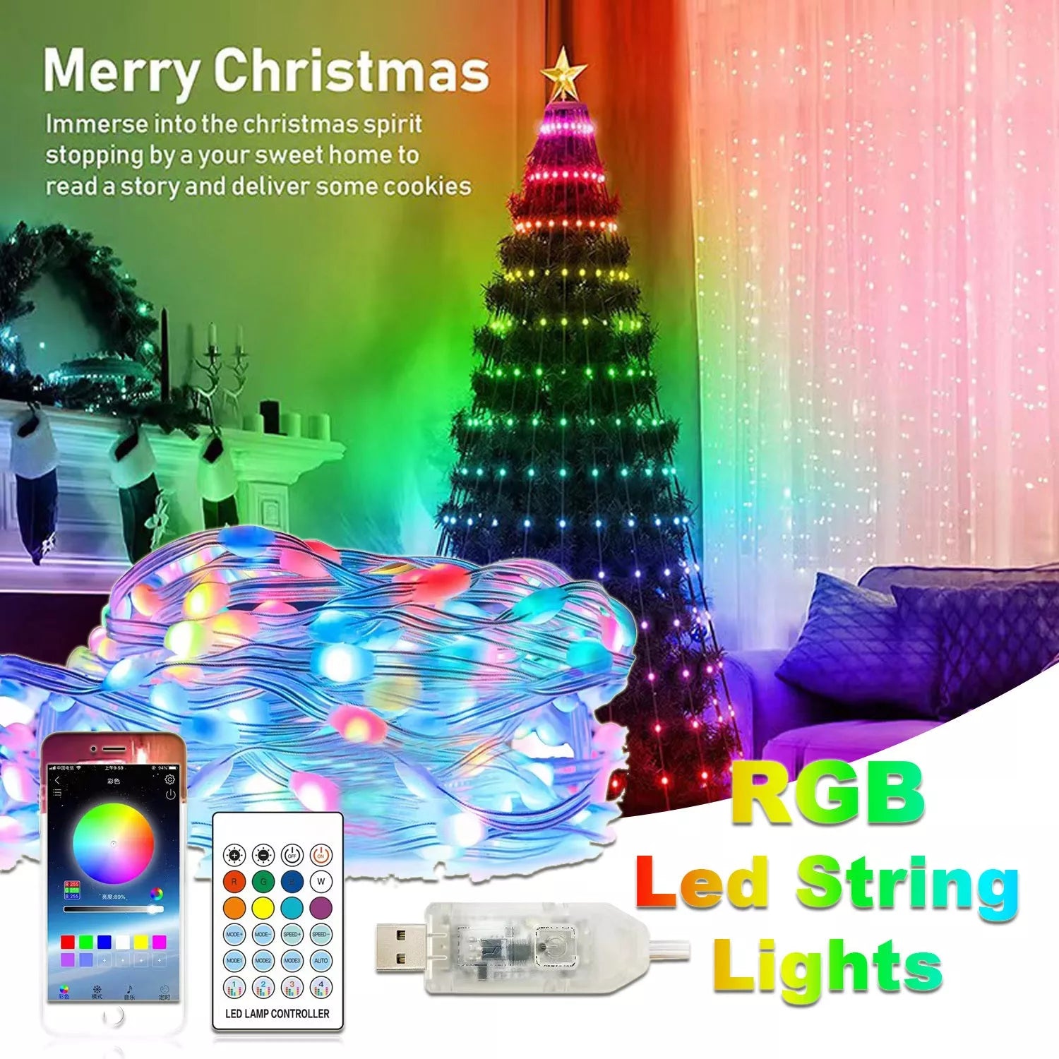 App-controlled Christmas light string with flexible copper wire for customizable holiday decorations