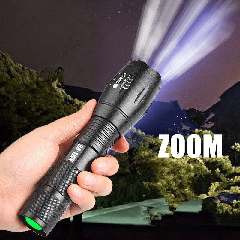 Zoomable LED flashlight for outdoor adventures, adjustable focus, durable aluminum alloy construction.