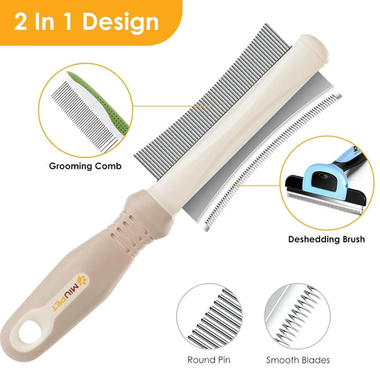 White 2-in-1 dog and cat deshedding brush with curved comb and anti-slip handle for grooming