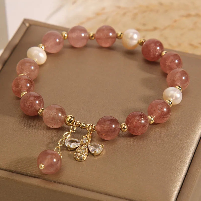Freshwater pearl and strawberry quartz bracelet with zircon stones and alloy bead accents