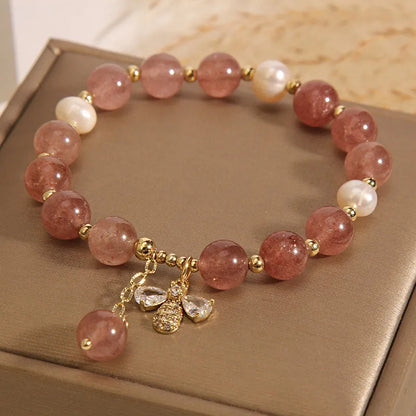 Freshwater pearl and strawberry quartz bracelet with zircon stones and alloy bead accents