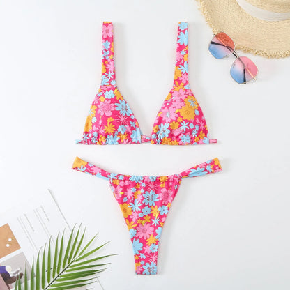 Women's floral printed bikini swimsuit in polyester fabric with bra and panties set